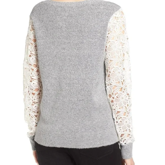 Nordstrom Halogen Lace Detailed Crewneck Sweater Size Medium Gray White - Picture 4 of 8